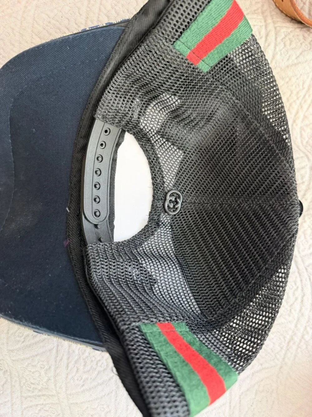 Gucci GG Logo Trucker Hat With Mesh Back Snake Detail & Red-Green Stripe